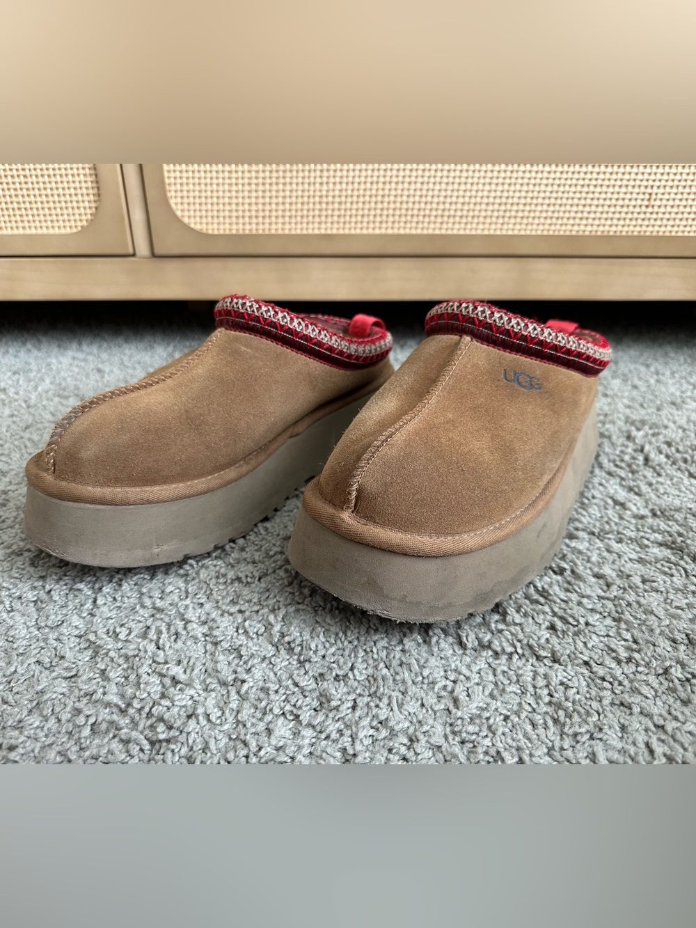 UGG Women's Chestnut Suede Platform Mules with Red Trim